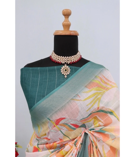 Generic Women's Linen Digital Print Saree With Unstitched Blouse 5.5Mtr (Green)