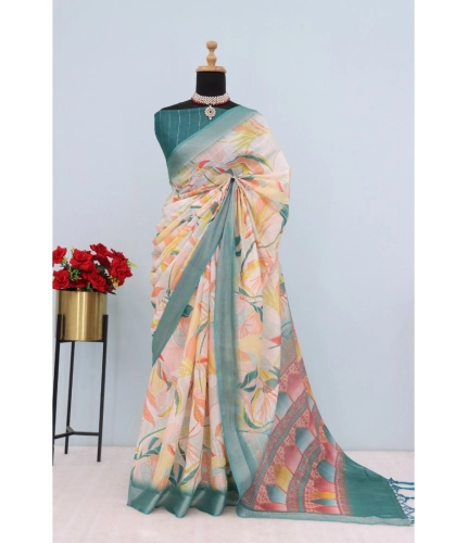 Generic Women's Linen Digital Print Saree With Unstitched Blouse 5.5Mtr (Green)
