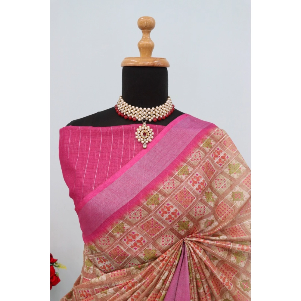 Generic Women's Linen Digital Print Saree With Unstitched Blouse 5.5Mtr (Pink)
