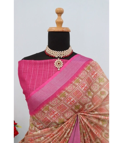 Generic Women's Linen Digital Print Saree With Unstitched Blouse 5.5Mtr (Pink) Generic Women's Linen Digital Print Saree With Unstitched Blouse 5.5Mtr (Pink)