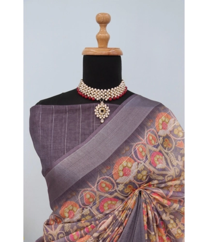 Generic Women's Linen Digital Print Saree With Unstitched Blouse 5.5Mtr (Grey)