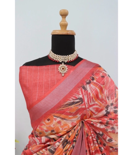 Generic Women's Linen Digital Print Saree With Unstitched Blouse 5.5Mtr (Pink) Generic Women's Linen Digital Print Saree With Unstitched Blouse 5.5Mtr (Pink)