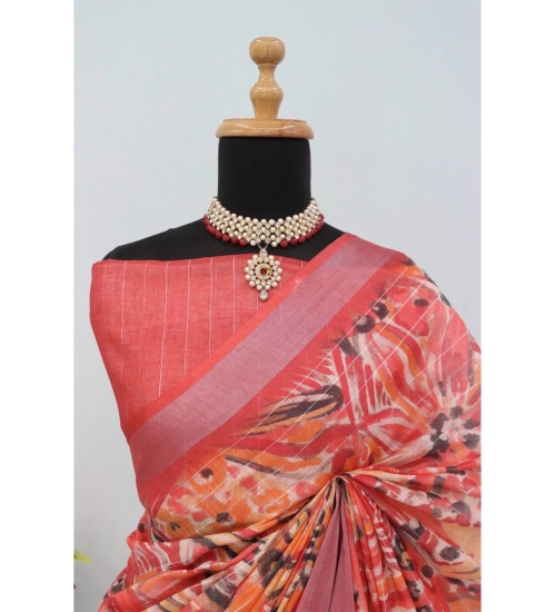 Generic Women's Linen Digital Print Saree With Unstitched Blouse 5.5Mtr (Pink)