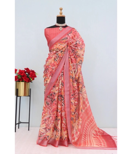 Generic Women's Linen Digital Print Saree With Unstitched Blouse 5.5Mtr (Pink)