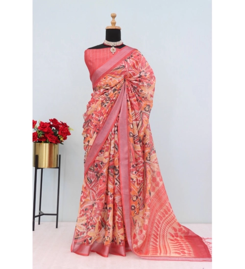 Generic Women's Linen Digital Print Saree With Unstitched Blouse 5.5Mtr (Pink)