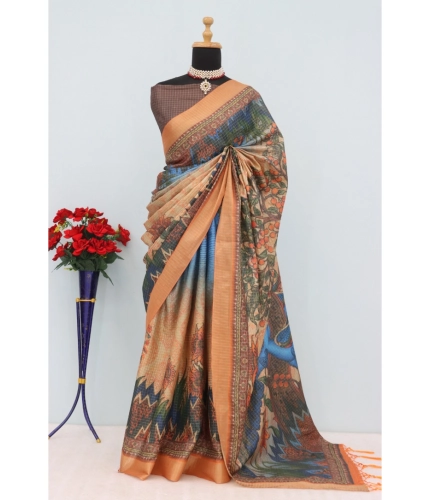 Generic Women's Mysore Silk  Digital Print Saree With Unstitched Blouse 5.5Mtr (Multicolor)