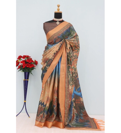 Generic Women's Mysore Silk  Digital Print Saree With Unstitched Blouse 5.5Mtr (Multicolor)
