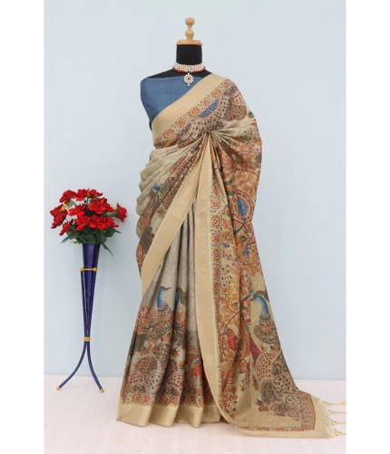 Generic Women's Mysore Silk  Digital Print Saree With Unstitched Blouse 5.5Mtr (Beige)