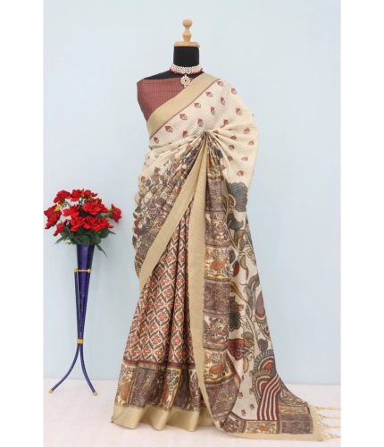 Generic Women's Mysore Silk  Digital Print Saree With Unstitched Blouse 5.5Mtr (Beige)
