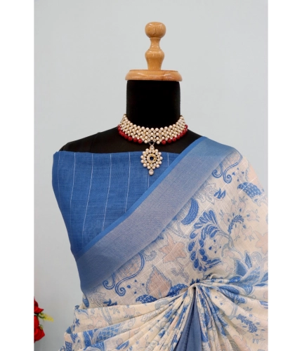 Generic Women's Linen Digital Print Saree With Unstitched Blouse 5.5Mtr (Blue) Generic Women's Linen Digital Print Saree With Unstitched Blouse 5.5Mtr (Blue)