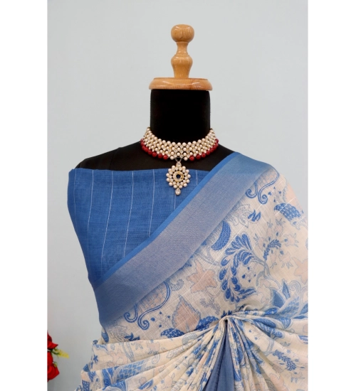 Generic Women's Linen Digital Print Saree With Unstitched Blouse 5.5Mtr (Blue)