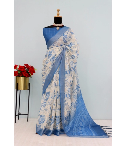 Generic Women's Linen Digital Print Saree With Unstitched Blouse 5.5Mtr (Blue)