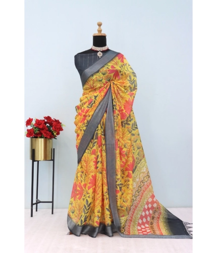 Generic Women's Linen Digital Print Saree With Unstitched Blouse 5.5Mtr (Multicolor)