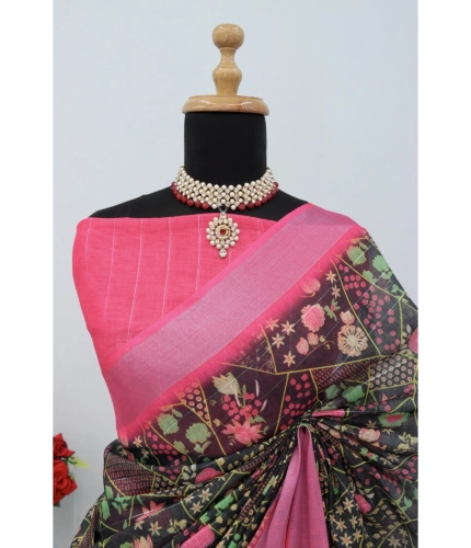 Generic Women's Linen Digital Print Saree With Unstitched Blouse 5.5Mtr (Multicolor) Generic Women's Linen Digital Print Saree With Unstitched Blouse 5.5Mtr (Multicolor)