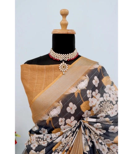 Generic Women's Linen Digital Print Saree With Unstitched Blouse 5.5Mtr (Black) Generic Women's Linen Digital Print Saree With Unstitched Blouse 5.5Mtr (Black)