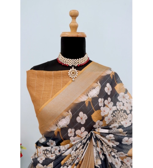 Generic Women's Linen Digital Print Saree With Unstitched Blouse 5.5Mtr (Black)