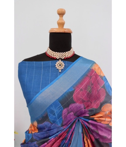 Generic Women's Linen Digital Print Saree With Unstitched Blouse 5.5Mtr (Blue) Generic Women's Linen Digital Print Saree With Unstitched Blouse 5.5Mtr (Blue)