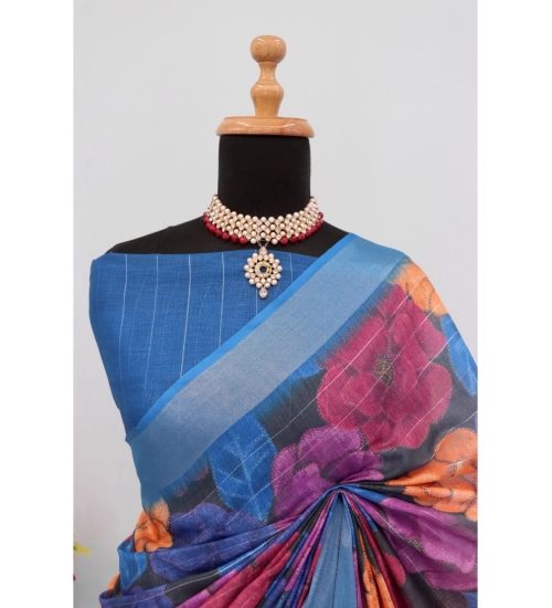 Generic Women's Linen Digital Print Saree With Unstitched Blouse 5.5Mtr (Blue)
