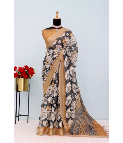 Generic Women's Linen Digital Print Saree With Unstitched Blouse 5.5Mtr (Black)