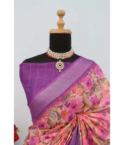 Generic Women's Linen Digital Print Saree With Unstitched Blouse 5.5Mtr (Purple) Generic Women's Linen Digital Print Saree With Unstitched Blouse 5.5Mtr (Purple)