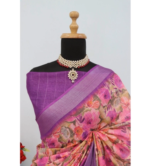 Generic Women's Linen Digital Print Saree With Unstitched Blouse 5.5Mtr (Purple)