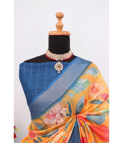 Generic Women's Linen Digital Print Saree With Unstitched Blouse 5.5Mtr (Yellow) Generic Women's Linen Digital Print Saree With Unstitched Blouse 5.5Mtr (Yellow)