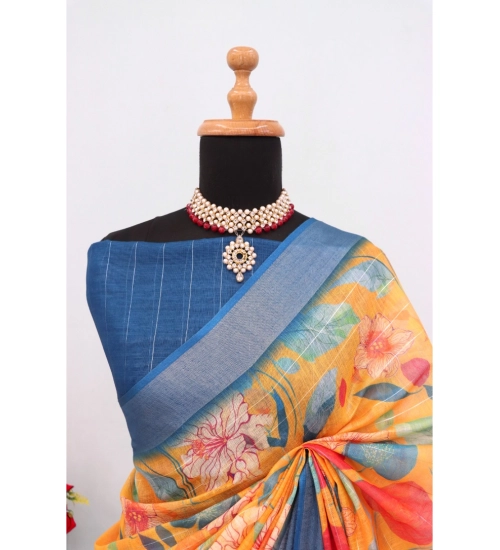 Generic Women's Linen Digital Print Saree With Unstitched Blouse 5.5Mtr (Yellow)