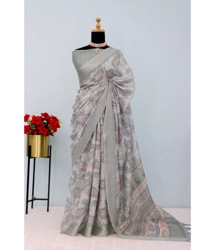 Generic Women's Linen Digital Print Saree With Unstitched Blouse 5.5Mtr (Grey)