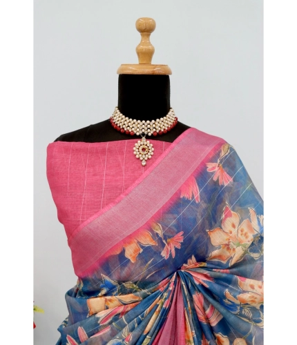 Generic Women's Linen Digital Print Saree With Unstitched Blouse 5.5Mtr (Blue) Generic Women's Linen Digital Print Saree With Unstitched Blouse 5.5Mtr (Blue)