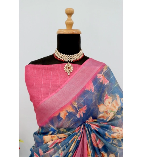 Generic Women's Linen Digital Print Saree With Unstitched Blouse 5.5Mtr (Blue)