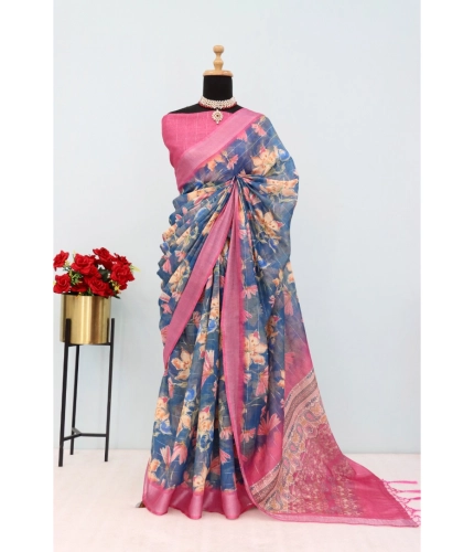 Generic Women's Linen Digital Print Saree With Unstitched Blouse 5.5Mtr (Blue)