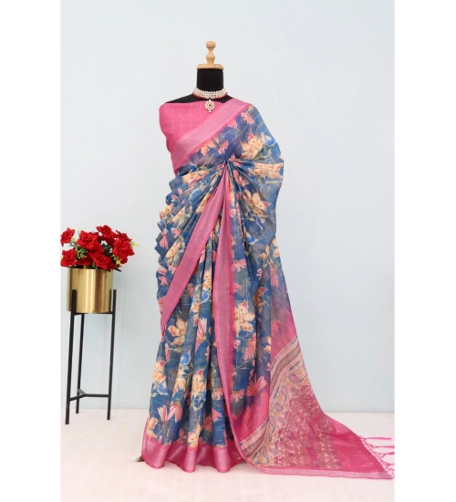Generic Women's Linen Digital Print Saree With Unstitched Blouse 5.5Mtr (Blue)