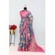 Generic Women's Linen Digital Print Saree With Unstitched Blouse 5.5Mtr (Blue)