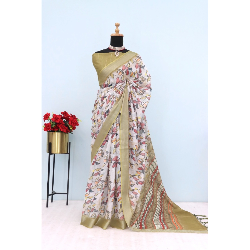 Generic Women's Linen Digital Print Saree With Unstitched Blouse 5.5Mtr (Beige) Generic Women's Linen Digital Print Saree With Unstitched Blouse 5.5Mtr (Beige)