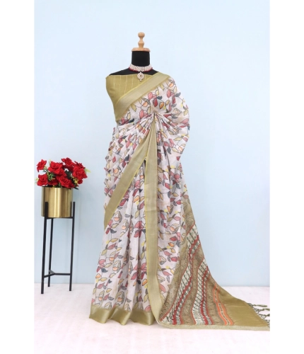 Generic Women's Linen Digital Print Saree With Unstitched Blouse 5.5Mtr (Beige)