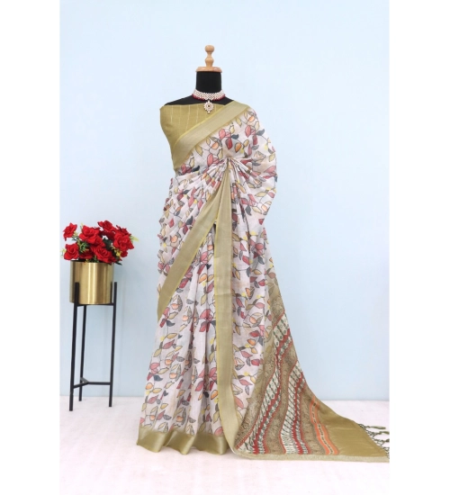 Generic Women's Linen Digital Print Saree With Unstitched Blouse 5.5Mtr (Beige)