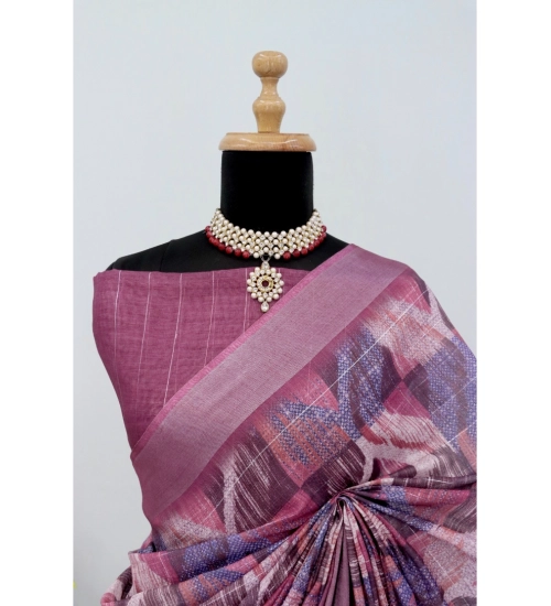 Generic Women's Linen Digital Print Saree With Unstitched Blouse 5.5Mtr (Pink)