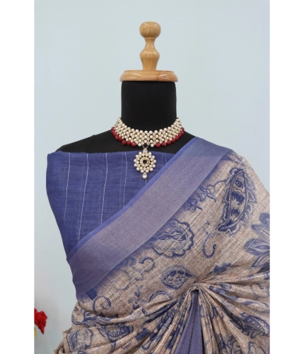 Generic Women's Linen Digital Print Saree With Unstitched Blouse 5.5Mtr (Blue) Generic Women's Linen Digital Print Saree With Unstitched Blouse 5.5Mtr (Blue)
