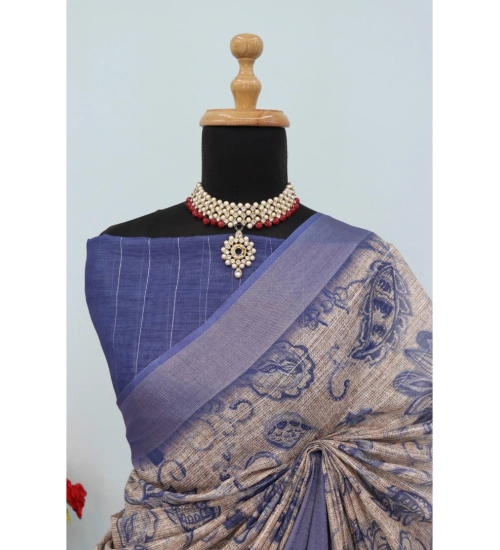 Generic Women's Linen Digital Print Saree With Unstitched Blouse 5.5Mtr (Blue)