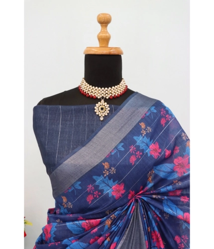 Generic Women's Linen Digital Print Saree With Unstitched Blouse 5.5Mtr (Blue) Generic Women's Linen Digital Print Saree With Unstitched Blouse 5.5Mtr (Blue)
