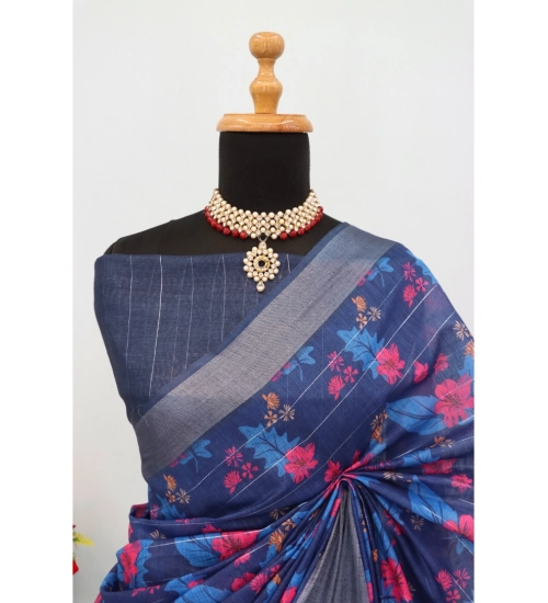 Generic Women's Linen Digital Print Saree With Unstitched Blouse 5.5Mtr (Blue)
