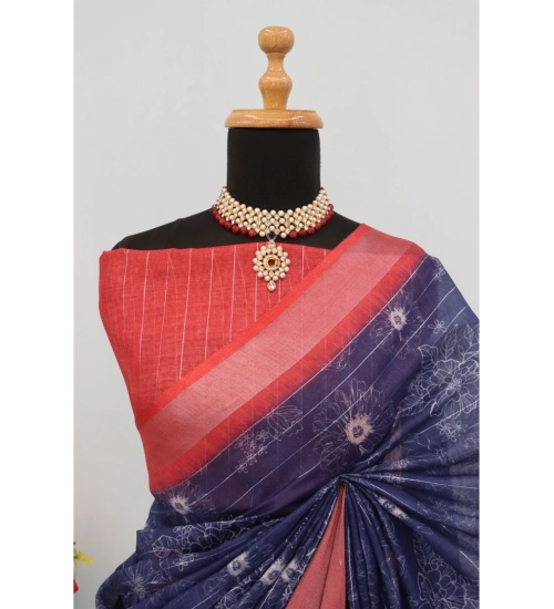 Generic Women's Linen Digital Print Saree With Unstitched Blouse 5.5Mtr (Blue)