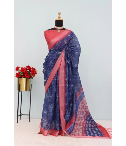Generic Women's Linen Digital Print Saree With Unstitched Blouse 5.5Mtr (Blue)