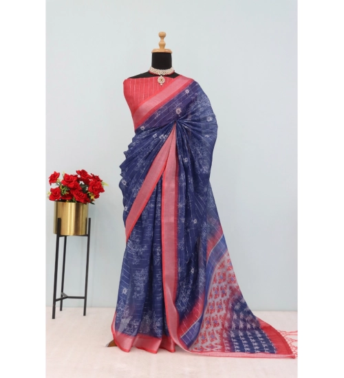 Generic Women's Linen Digital Print Saree With Unstitched Blouse 5.5Mtr (Blue)