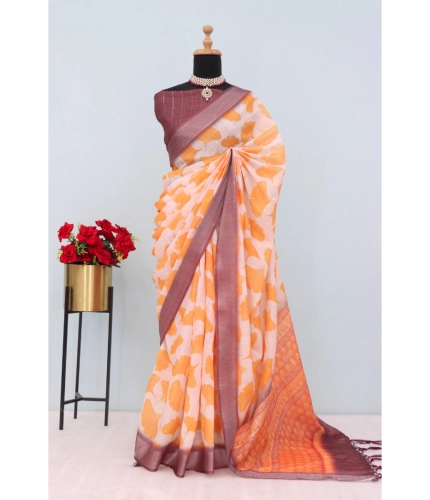 Generic Women's Linen Digital Print Saree With Unstitched Blouse 5.5Mtr (Orange)