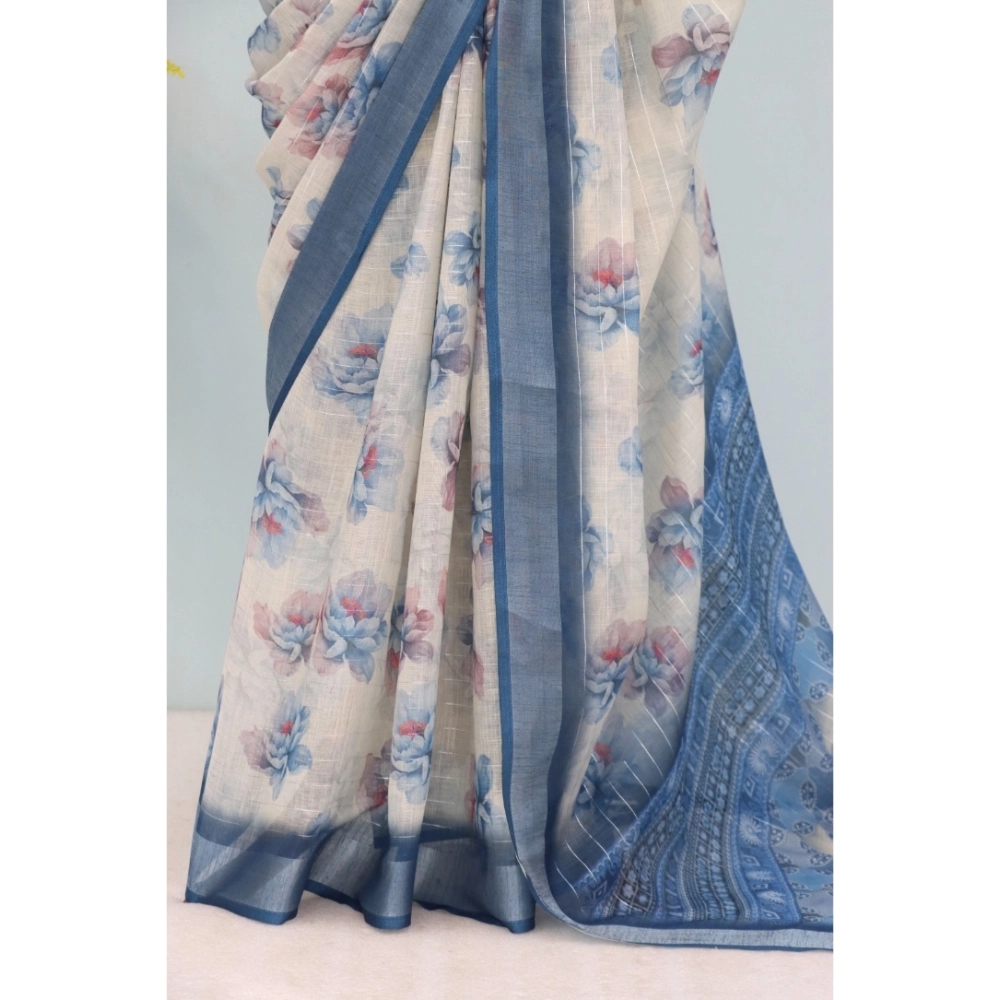 Generic Women's Linen Digital Print Saree With Unstitched Blouse 5.5Mtr (Blue)