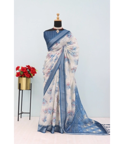 Generic Women's Linen Digital Print Saree With Unstitched Blouse 5.5Mtr (Blue)