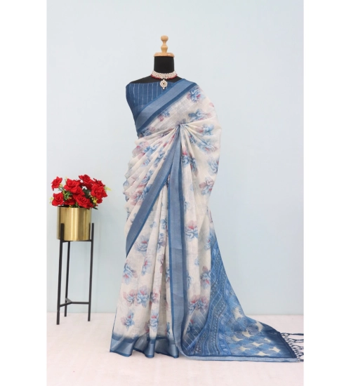 Generic Women's Linen Digital Print Saree With Unstitched Blouse 5.5Mtr (Blue)