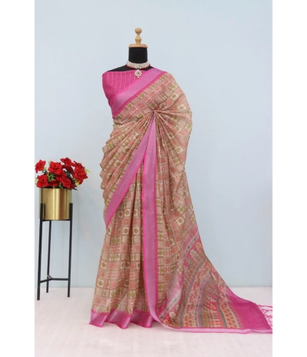 Generic Women's Linen Digital Print Saree With Unstitched Blouse 5.5Mtr (Pink)