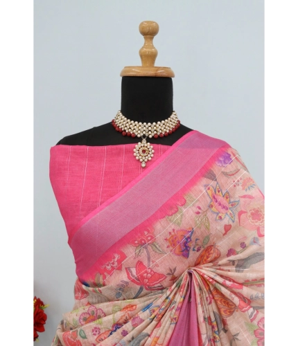 Generic Women's Linen Digital Print Saree With Unstitched Blouse 5.5Mtr (Pink) Generic Women's Linen Digital Print Saree With Unstitched Blouse 5.5Mtr (Pink)